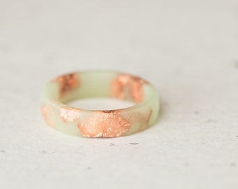 Pastel Resin Ring Lucite Green Rose Gold Flakes Small Faceted Ring OOAK