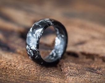 Black Resin Ring Men Ring Silver Flakes Big Size 10 Smooth Ring OOAK for him