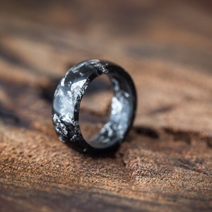 Black Resin Ring Men Ring Silver Flakes Big Size 10 Smooth Ring OOAK for him