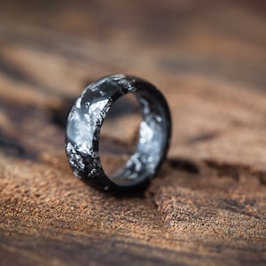 Black Resin Ring Men Ring Silver Flakes Big Size 10 Smooth Ring OOAK for him