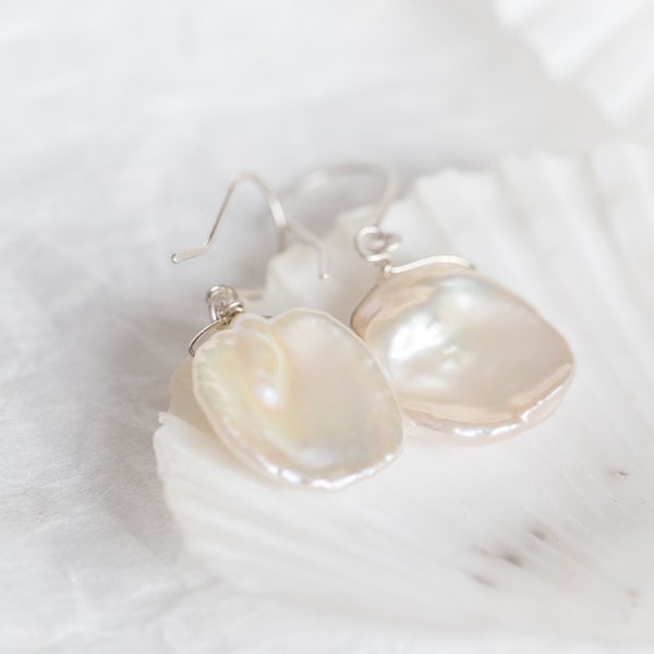White Petal Keshi Pearls Dangle Earrings Argentium Sterling Silver june birthstone