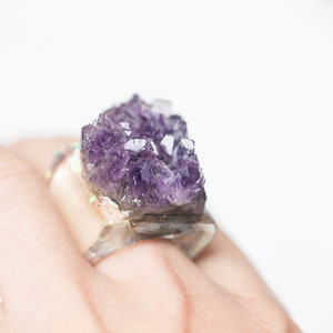 Statement Amethyst Geode Ring Cocktail Resin Ring OOAK size 7.5 february birthstone raw jewelry