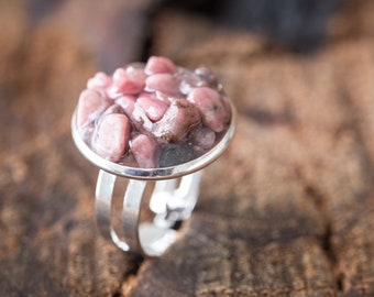 Raw Pink Rhodonite Ring Adjustable Statement Cocktail Ring OOAK Boho jewelry