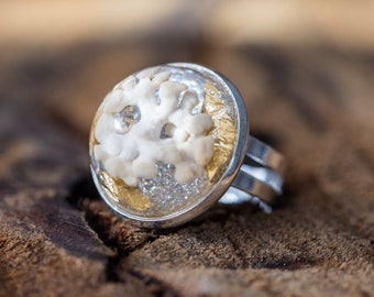 White Coral Ring with Gold Half Sphere Adjustable Statement Cocktail Ring OOAK