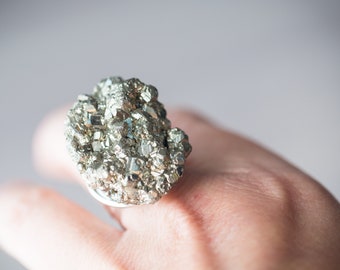 Huge Raw Pyrite Ring Statement Cocktail Ring OOAK Boho jewelry