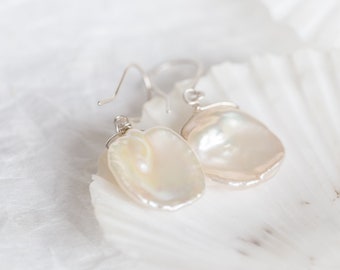 White Petal Keshi Pearls Dangle Earrings Argentium Sterling Silver june birthstone