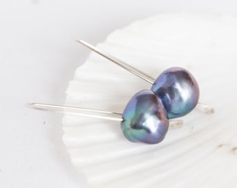 Midnight Blue Pearls Modern Simple Hook Earrings Sterling Silver Minimal Chic