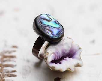 Paua Shell Ring Abalone Adjustable Statement Cocktail Ring Summer Beach Jewelry OOAK