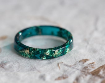 Turquoise Green Resin Ring Gold Flakes Big Size Thin Stacking Smooth Ring OOAK