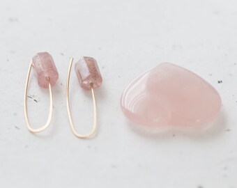 Strawberry Quartz Modern Hook Earrings 14K Goldfilled Minimalist Jewelry