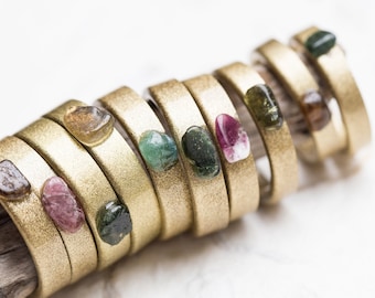 Raw Tourmaline Gemstone Resin Ring Gold Stacking smooth Ring OOAK hypoallergenic ring