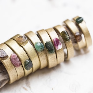 Raw Tourmaline Gemstone Resin Ring Gold Stacking smooth Ring OOAK hypoallergenic ring