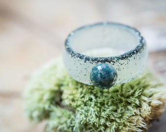 Gemstone Resin Men Ring Green Moss Agate Ring Big Size Smooth Ring OOAK nature inspired jewelry