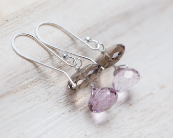 Sterling Silver Dangle Earrings Pink Mystic Quartz Teardrop Smoky Quartz bridal jewelry