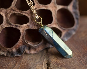 Mystic Blue Quartz Raw Point Pendant Wire Wrapped Gold Necklace Healing jewelry