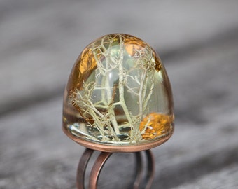 Botanical Dome Statement Resin Ring Nature Moss Druid Cocktail Ring OOAK fairy Broceliande enchanted forest merlin lichen nature inspired