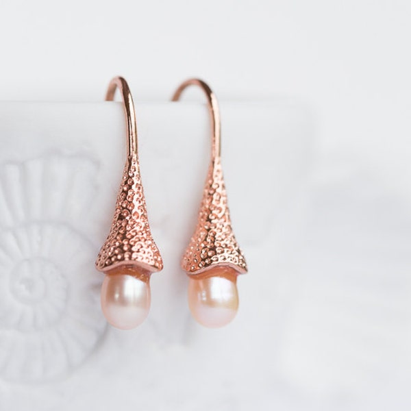 Dainty Pearl Drop Earrings Pastel Peach Pink Pearls Tea Rose Pastel Cherry Blossom Rose Gold Minimal chic