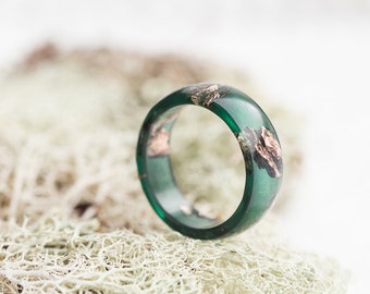 Dark Jade Green Resin Ring with Gold Flakes - OOAK Big Size