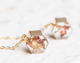 Floating Gold Leaf Long Modern Statement Earrings Geometric Hexagon Transparent Minimalist OOAK