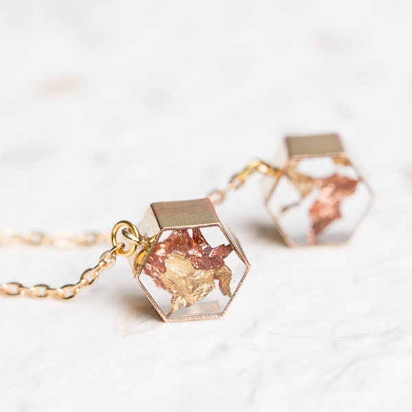 Floating Gold Leaf Long Modern Statement Boucles d'oreilles Géométrique hexagonale Transparent OOAK