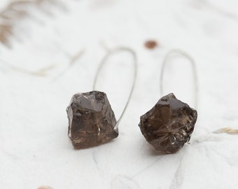 Modern Hook Earrings Raw Smoky Quartz Argentuim Sterling Silver Jewelry