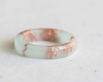 Pastel Mint Resin Ring Rose Gold Flakes Small Smooth Ring OOAK