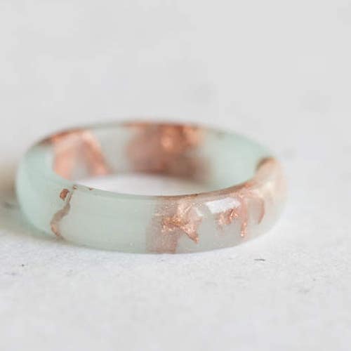 Pastel Mint Resin Ring Rose Gold Flakes Small Faceted Ring Etsy