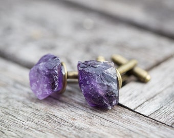 Raw Amethyst Men Cufflinks OOAK rough cuff links for him groomsmen rustic gift