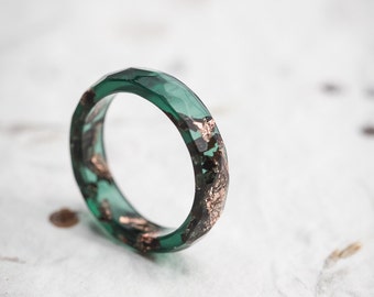 Dark Jade Green Stacking Resin Ring Deep Moss Green with Rose Gold Flakes Faceted Ring OOAK pine green minimal chic minimalist jewelry
