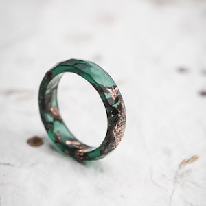 Dark Jade Green Stacking Resin Ring Deep Moss Green with Rose Gold Flakes Faceted Ring OOAK pine green minimal chic minimalist jewelry