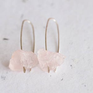 Raw Rose Quartz Modern Hook Earrings Argentuim Sterling Silver Handmade Minimalist Jewelry minimal chic