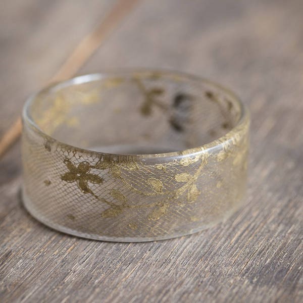 Gold Lace Resin Bangle Bracelet Vintage French Gilded Lace Wide Cuff OOAK wedding bridal boho eco friendly jewelry