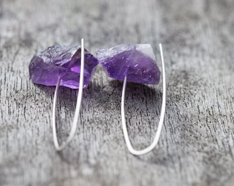 Raw Amethyst Modern Hook Earrings Argentuim Sterling Silver Handmade Summer Minimalist Jewelry minimal chic