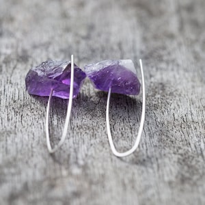 Raw Amethyst Modern Hook Earrings Argentuim Sterling Silver Handmade Summer Minimalist Jewelry minimal chic image 1