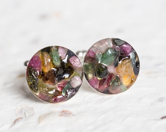 Raw Tourmaline Cufflinks: Multicolor Gemstone Silver Plated Cuff Links