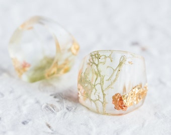 Druid Statement Resin Ring Nature Moss Cocktail Transparent Ring OOAK fairy Broceliande enchanted forest wizard merlin nature inspired