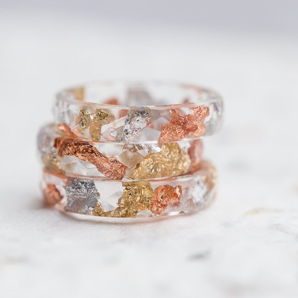 Tricolor Resin Stacking Ring Gold and Silver Transparent Ring OOAK minimal chic