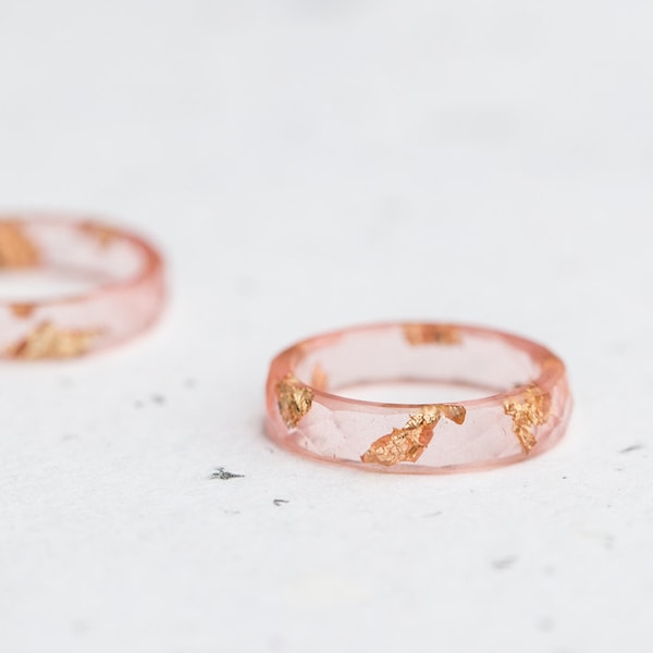 Cherry Blossom Blush Resin Ring Gold Flakes Small Faceted Ring OOAK pastel nude pink peach minimal chic minimalist jewelry
