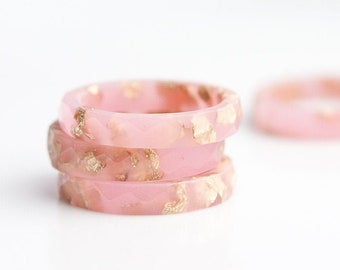 Resin Stacking Ring Rose Quartz Pink Gold Flakes Small Faceted Ring OOAK