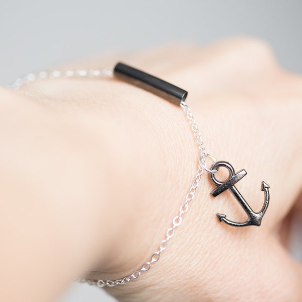 Black Silver Anchor Bracelet Modern Minimalist chain charm friendship bracelet sailor nautical beach minimalist jewelry minimal chic