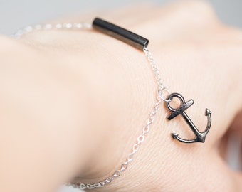 Black Silver Anchor Bracelet Modern Minimalist chain charm friendship bracelet sailor nautical beach minimalist jewelry minimal chic