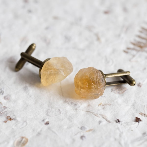 Raw Citrine Men Cufflinks OOAK rough yellow citrine tribal cuff links for him groomsmen gift rustic organic design