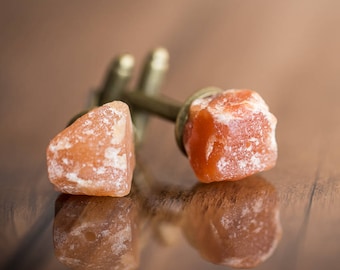 Raw Peach Aventurine Cufflinks: Rustic Brass Groomsmen Gift