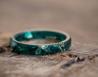 Thin Teal Resin Stacking Ring Gold Skinny Ring OOAK