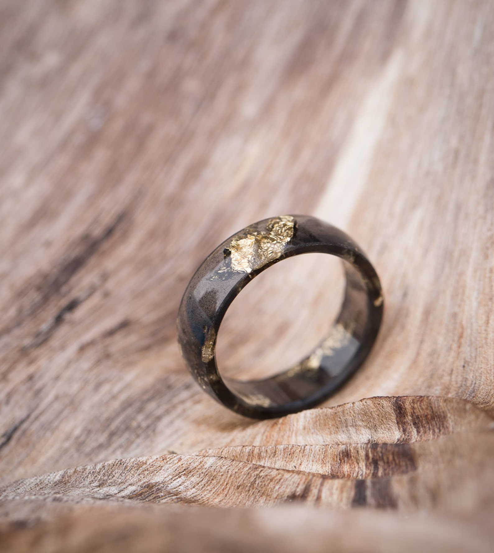 Black Resin Ring Men Ring Gold Flakes Big Size 10 Smooth Ring Etsy