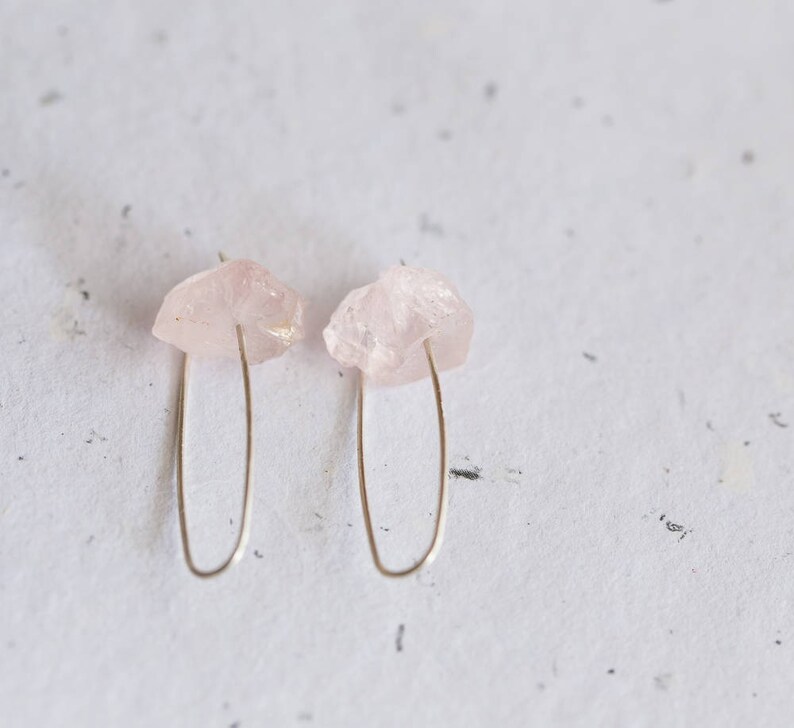 Raw Rose Quartz Modern Hook Earrings Argentuim Sterling Silver image 2