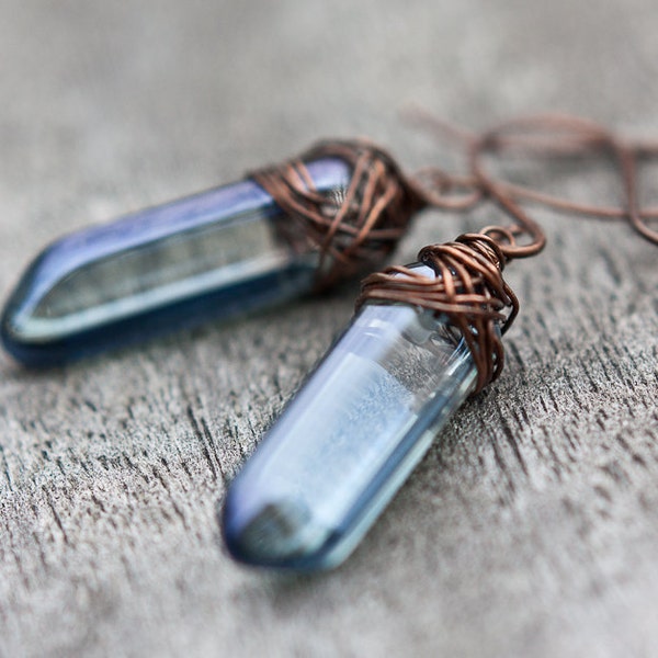 Sapphire Blue Earrings Mystic Quartz Copper Rustic Tribal Woodland fashion rusteam Free Shipping