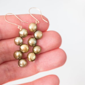 Willow Green Pearl Dangle Earrings 14K gold filled Olive Khaki bridesmaid jewelry weddings june birthstone image 3