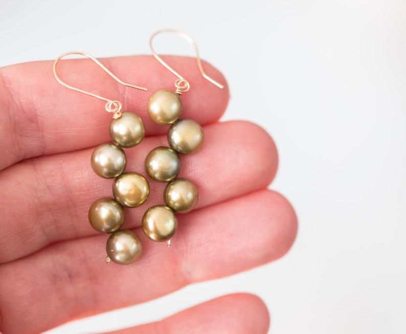 Willow Green Pearl Dangle Earrings 14K gold filled Olive Khaki bridesmaid jewelry weddings june birthstone image 3