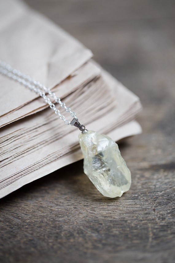Raw Citrine Necklace Boho Pendant Long Quartz Necklace Pastel Light Yellow Rough november birthstone